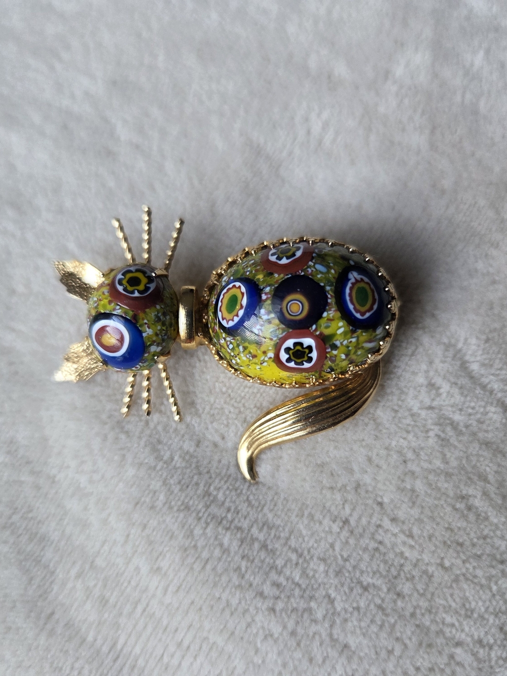 Gold-Tone Millefiori Glass Cat Brooch - Multicolor